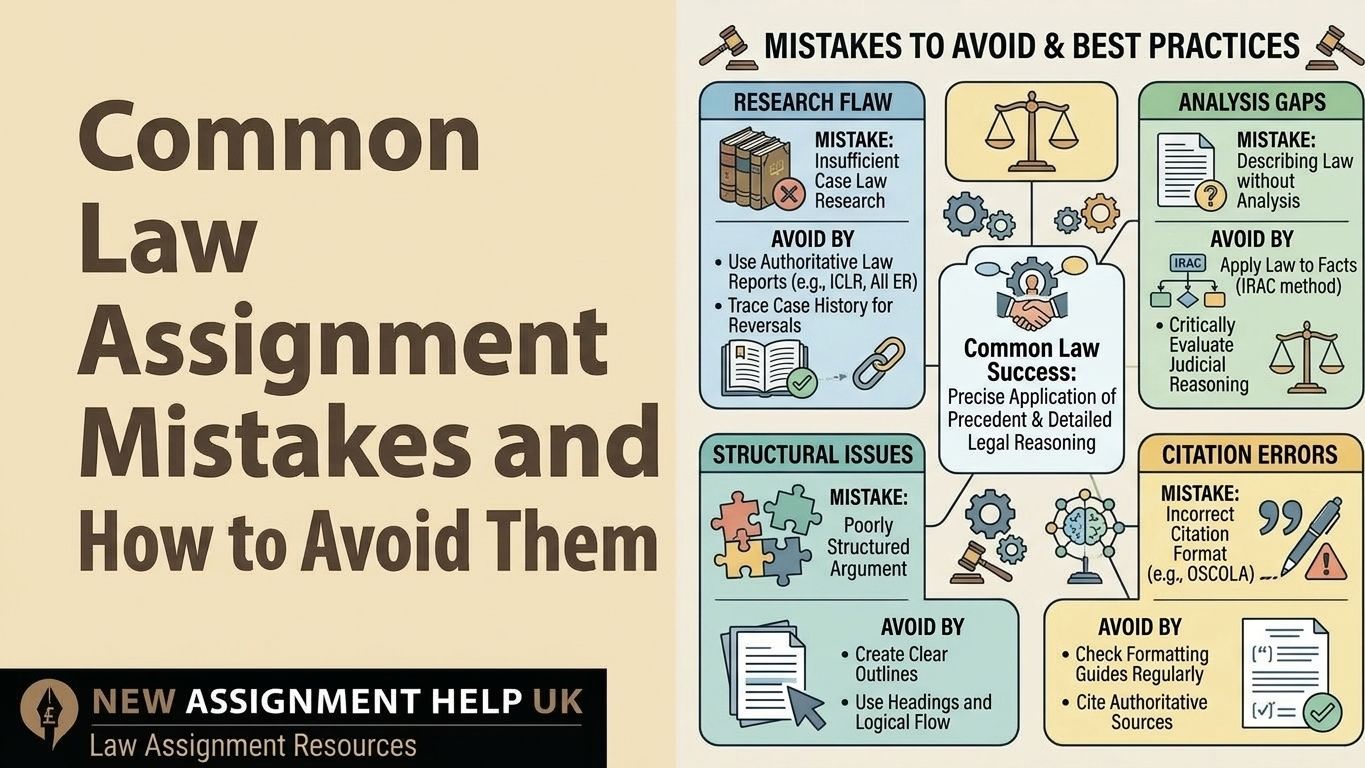 UK law student fixing common assignment mistakes using OSCOLA citations and IRAC structure.